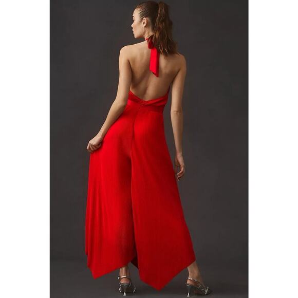 NWD By Anthropologie Plisse Pleated Open Back Halter Jumpsuit Size 8 Red 9C418 - Picture 3 of 13